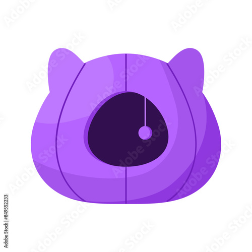 Cat furniture for sleep and rest. Pet bed house with cute cat's ears. Comfortable sleeping house for cat or dog. Home for animals with ball. Isolated vector illustration in cartoon style
