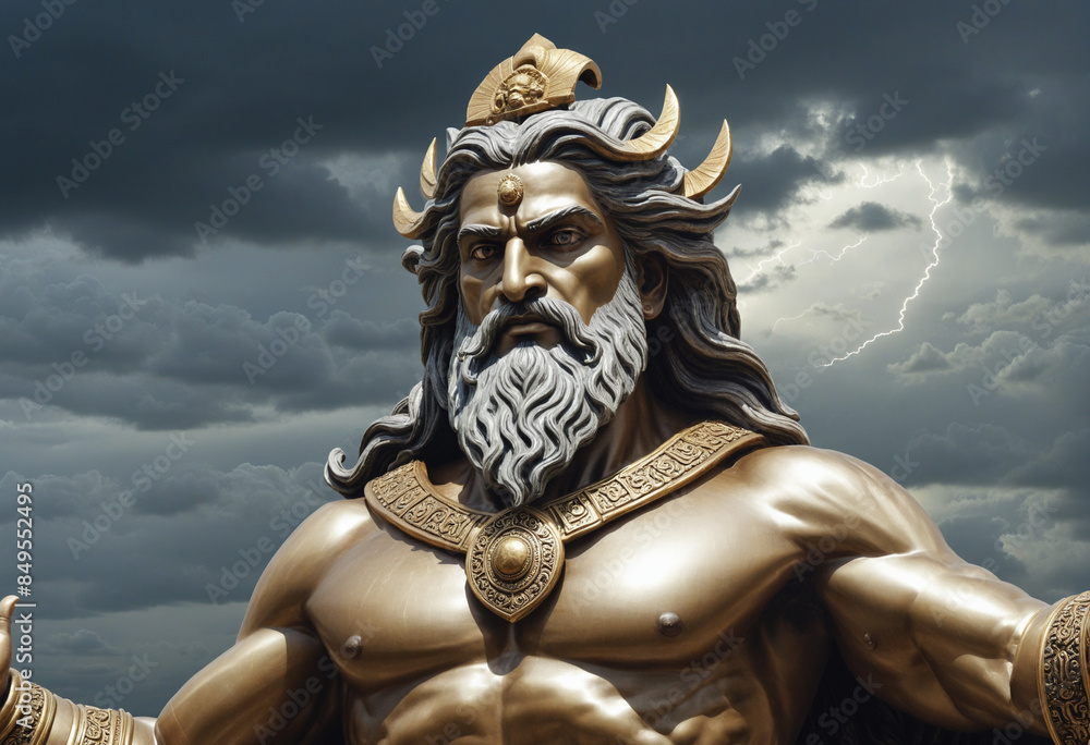 Fototapeta premium Ancient Myths: Depiction of a Divine Warrior in the Stormy Sky