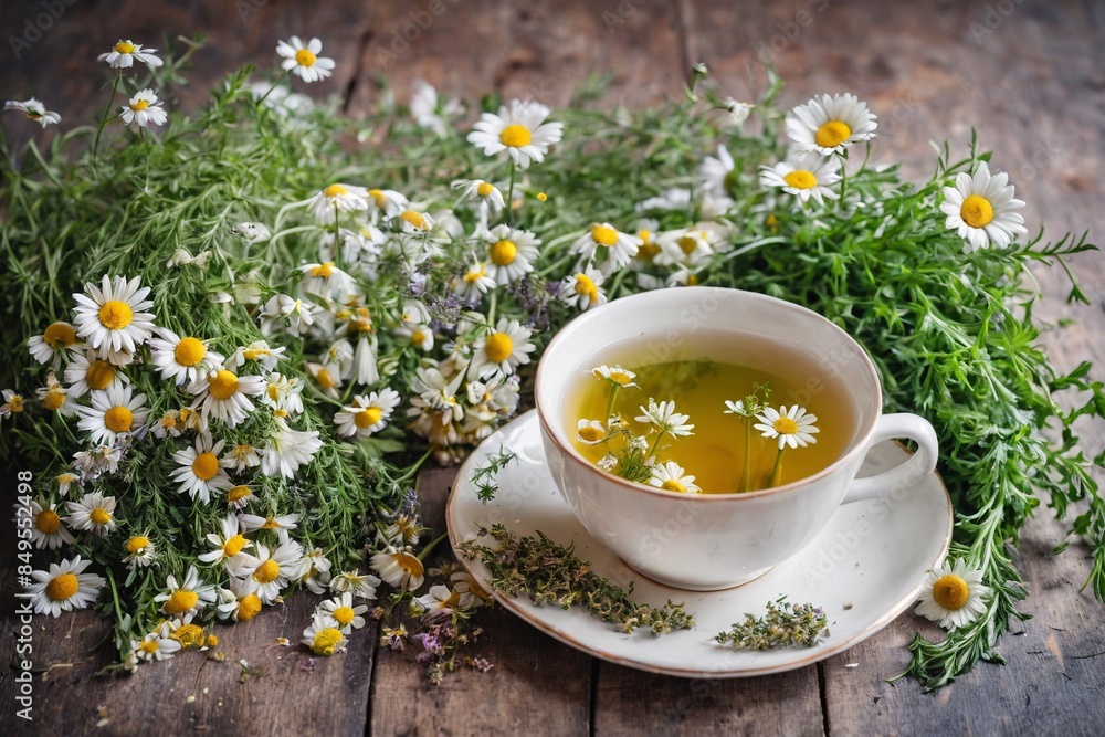 Chamomile tea in a white cup with chamomile flowers next to it, delicious calming beverage, relaxation. Soothing herbal tea blend with mint and chamomile. Chamomile tea in a white cup with chamomile flowers next to it, delicious calming beverage, relaxation. Soothing herbal tea blend with mint and chamomile.