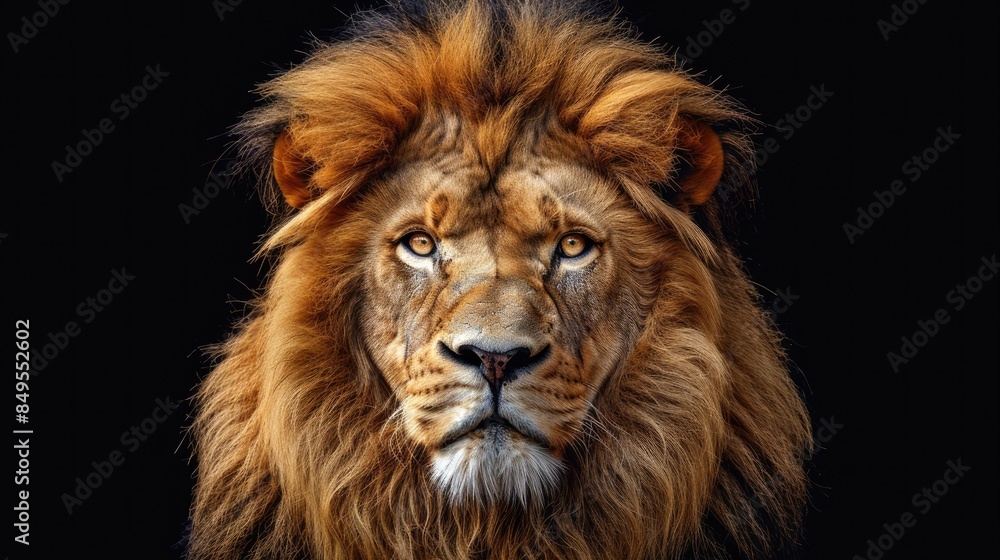 Fototapeta premium Close up image of a majestic male lion with a strong presence set against a black backdrop showcasing a powerful head and stunning mane