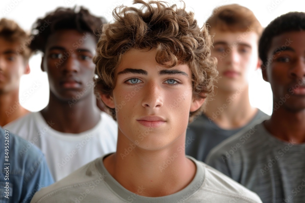 A group of handsome young men looking at the camera against a white background A group of handsome young men looking at the camera against a white background