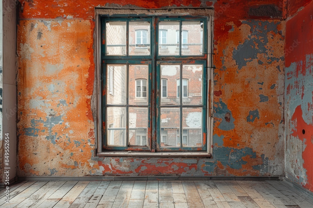 Peeling Paint and a View Through a Window in a Historic Building Peeling Paint and a View Through a Window in a Historic Building