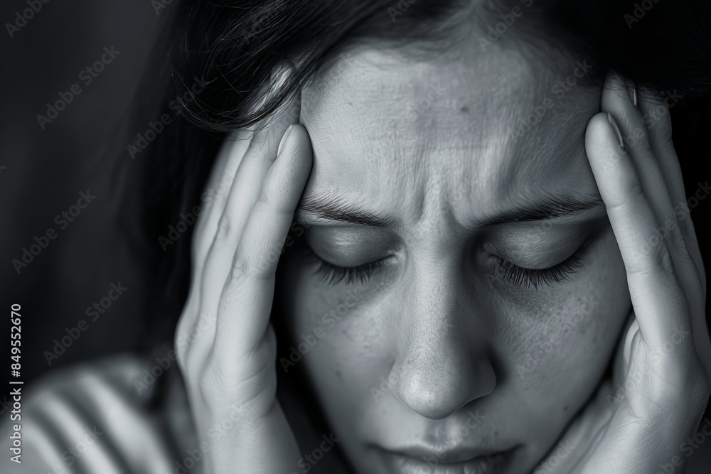 Monochrome image of a woman clutching her head, expressing pain or headache Monochrome image of a woman clutching her head, expressing pain or headache