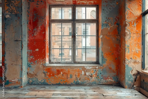 Peeling Paint and Wooden Floor in an Abandoned Building Window