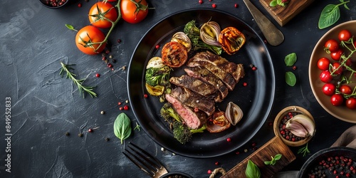 A high-angle shot of perfectly sliced grilled steak served with grilled vegetables on a black plate photo