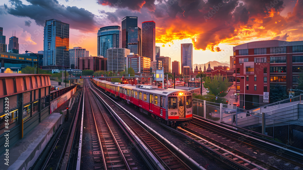 Fototapeta premium The train is surrounded by tall buildings and a bridge