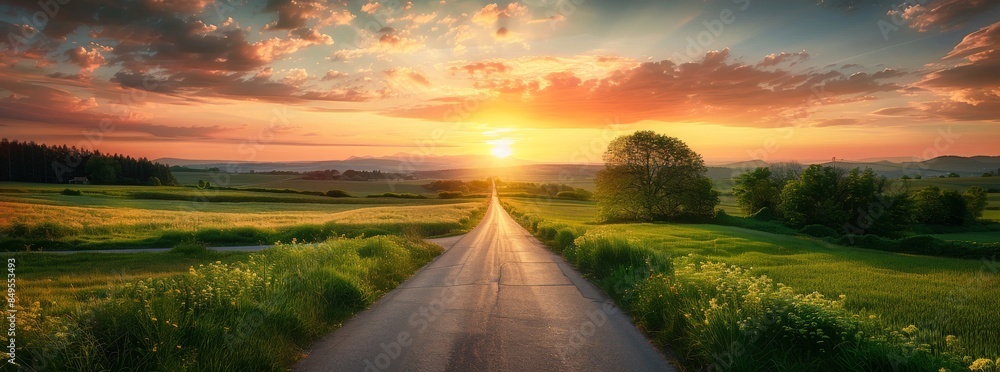 Obraz premium Empty country road at sunset with surrounding fields and trees. Countryside and travel concept.