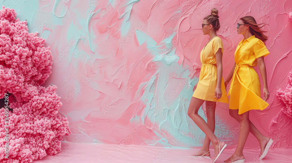 Fototapeta premium Stylish Women In Yellow Dresses Walking Against Colorful Abstract Background