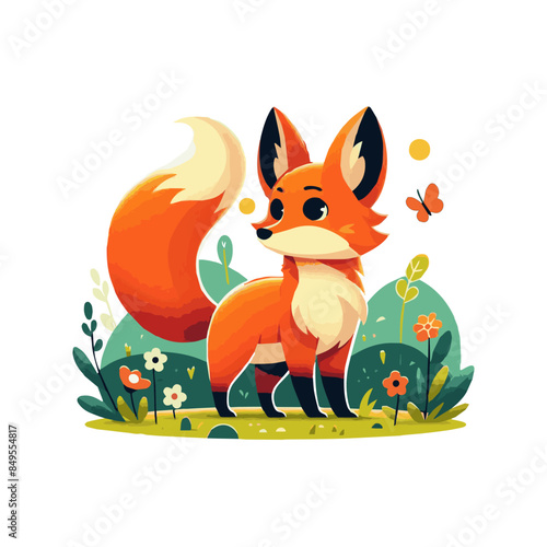 A little fox is playing beautiful garden with butter fly vector design.