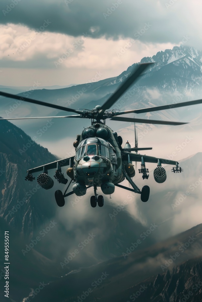 Fototapeta premium Military Helicopter Over Mountain Range