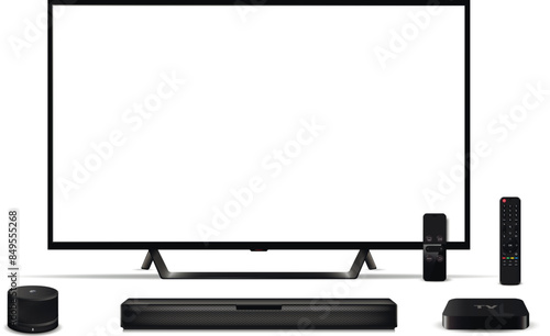 Modern oled tv with sound bar, tv set-top box, smart speaker and remote control
