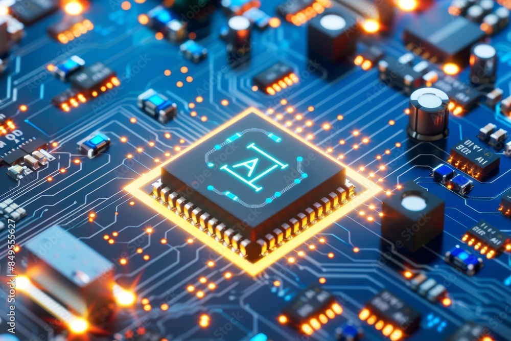 Close up of AI chip on glowing motherboard, emphasizing the critical role of artificial intelligence in enhancing computational power. Close up of AI chip on glowing motherboard, emphasizing the critical role of artificial intelligence in enhancing computational power.