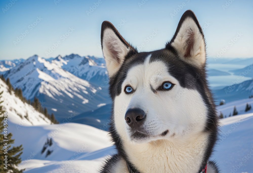 Majestic Siberian Husky pup in a winter wonderland landscape Majestic Siberian Husky pup in a winter wonderland landscape
