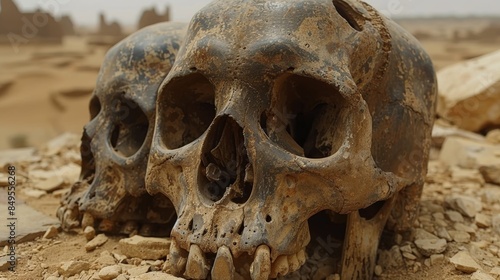 Ancient Weathered Human Skulls in Desert Environment Symbolizing Death and History