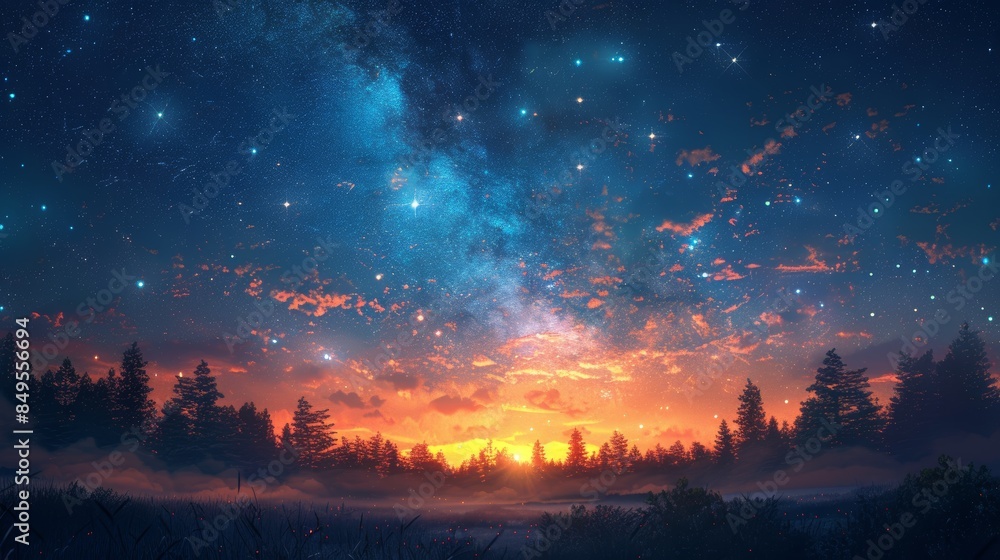 Stunning Starry Sky Over Forest at Dusk in Beautiful Night Landscape Stunning Starry Sky Over Forest at Dusk in Beautiful Night Landscape