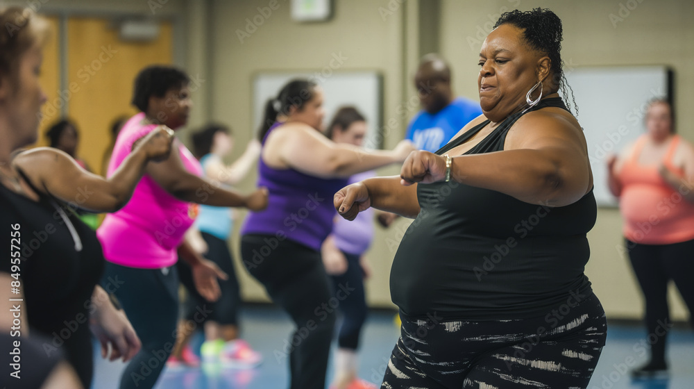 An active scene at a gym where a plus-size instructor leads an energetic fitness class promoting health at every size. An active scene at a gym where a plus-size instructor leads an energetic fitness class promoting health at every size.