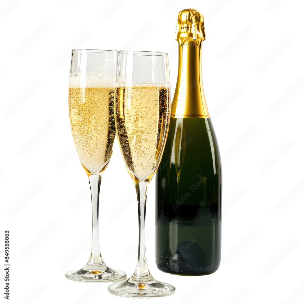 Two glasses of champagne and bottle on white background Two glasses of champagne and bottle on white background