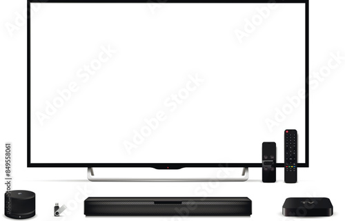 Realistic oled tv, sound bar, set top box, smart speaker, remote controls and flash drive