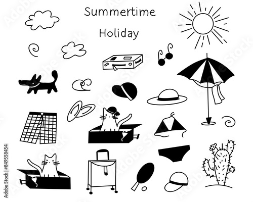 Set of beach and traveling accessories. Hand drawn vector elements and words.