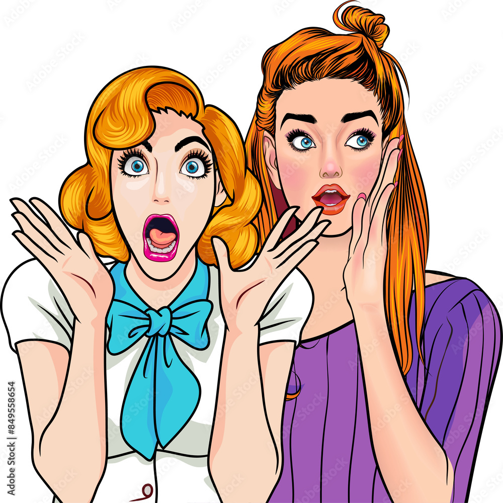 Woman whispering gossip or secret to her friend pop art comics style Woman whispering gossip or secret to her friend pop art comics style