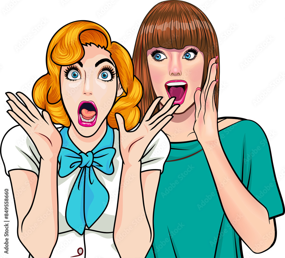 Woman whispering gossip or secret to her friend pop art comics style Woman whispering gossip or secret to her friend pop art comics style