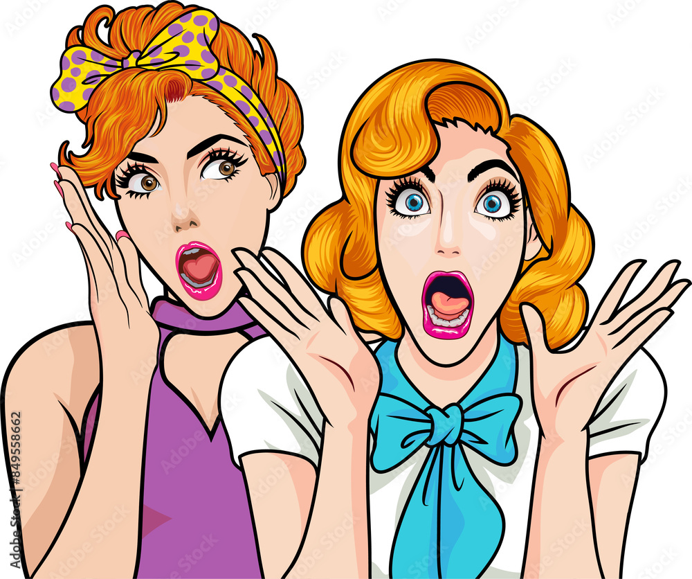 Woman whispering gossip or secret to her friend pop art comics style Woman whispering gossip or secret to her friend pop art comics style