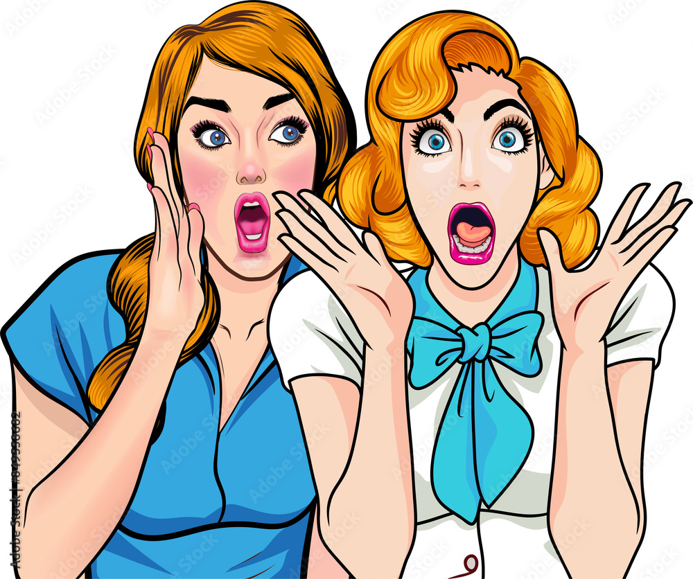 Woman whispering gossip or secret to her friend pop art comics style Woman whispering gossip or secret to her friend pop art comics style