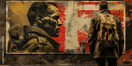 Wallpaper Mural Art (WWII Poster): A figure standing next to a WWII propaganda poster, symbolizing the art and messaging of the era Torontodigital.ca