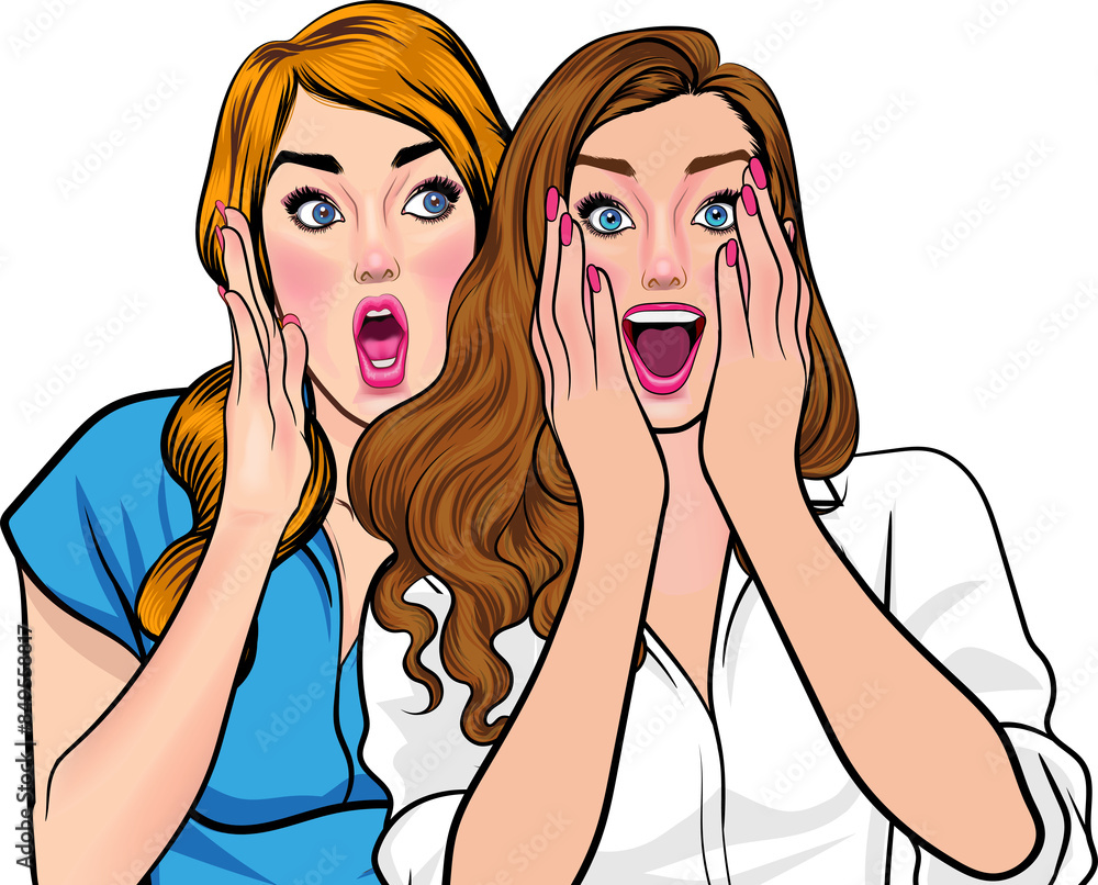 Woman whispering gossip or secret to her friend pop art comics style Woman whispering gossip or secret to her friend pop art comics style