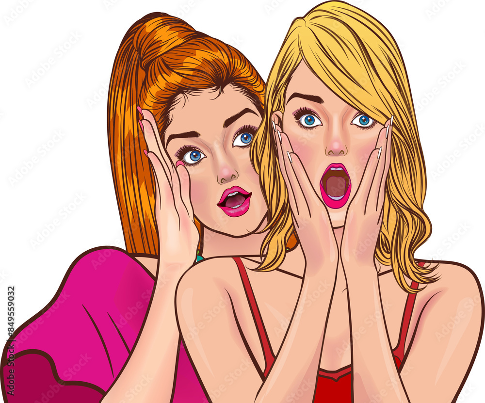 Woman whispering gossip or secret to her friend pop art comics style Woman whispering gossip or secret to her friend pop art comics style