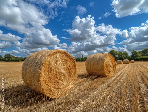 a bale of hay in a field in summer, yellow tones photo