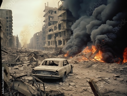 Abandoned Car Amidst Flames in a Ravaged City at Dusk