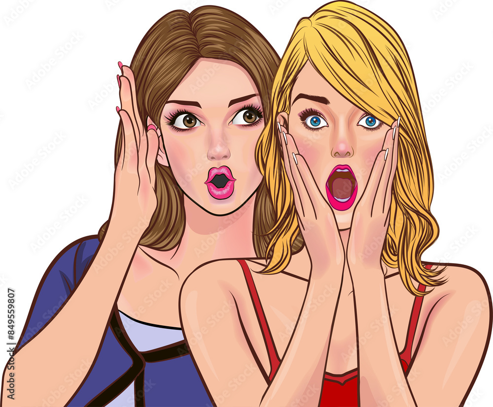 Woman whispering gossip or secret to her friend pop art comics style Woman whispering gossip or secret to her friend pop art comics style