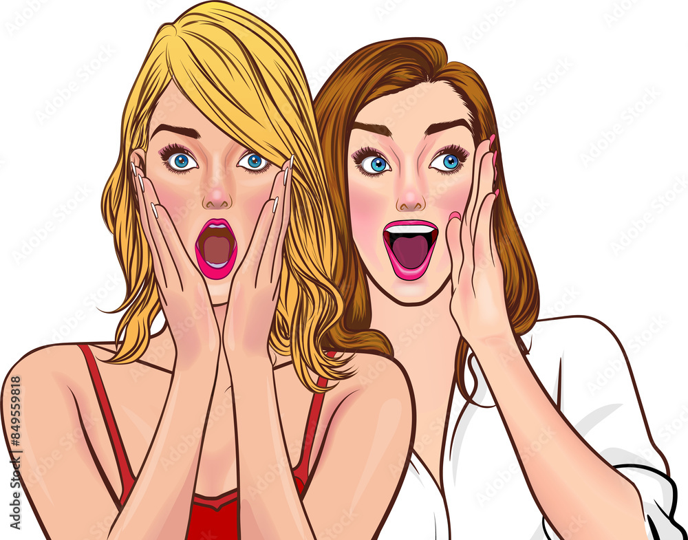 Woman whispering gossip or secret to her friend pop art comics style Woman whispering gossip or secret to her friend pop art comics style