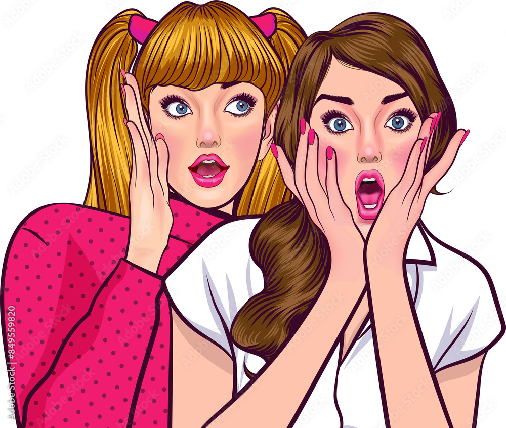 Woman whispering gossip or secret to her friend pop art comics style Woman whispering gossip or secret to her friend pop art comics style
