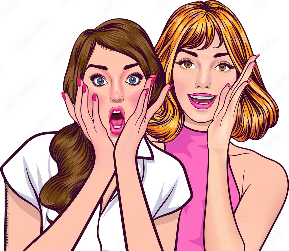 Woman whispering gossip or secret to her friend pop art comics style Woman whispering gossip or secret to her friend pop art comics style