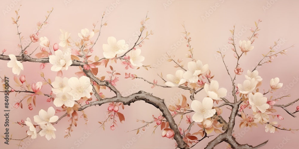 Silk flowers tree branch of cherry sakura bloom plant decoration on pink background scene
