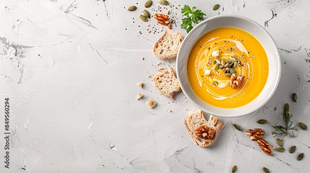 Pumpkin soup with bread and nuts on marble background Pumpkin soup with bread and nuts on marble background