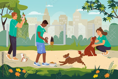 Friendly man and woman volunteer working in animal shelter. Young characters feeding homeless dogs. Homeless Pets in Pound. Volunteering charity cartoon Banner. Flat vector illustration
