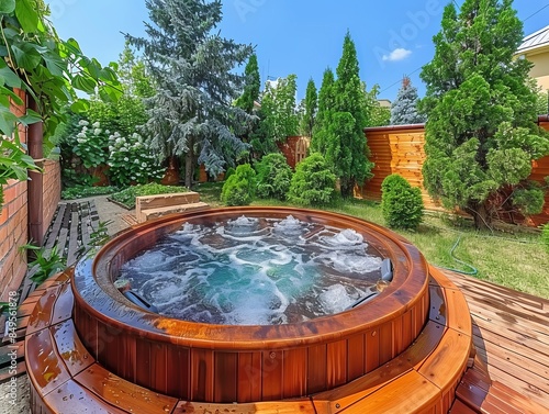 A wooden jaccuzzi in a beautiful garden © Thibaut Design Prod.