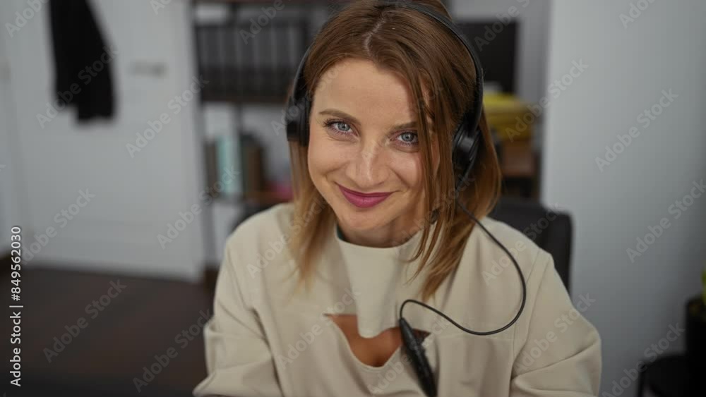 A beautiful blonde woman wearing a headset smiles warmly while working in an office setting, surrounded by books and a relaxing interior. A beautiful blonde woman wearing a headset smiles warmly while working in an office setting, surrounded by books and a relaxing interior.