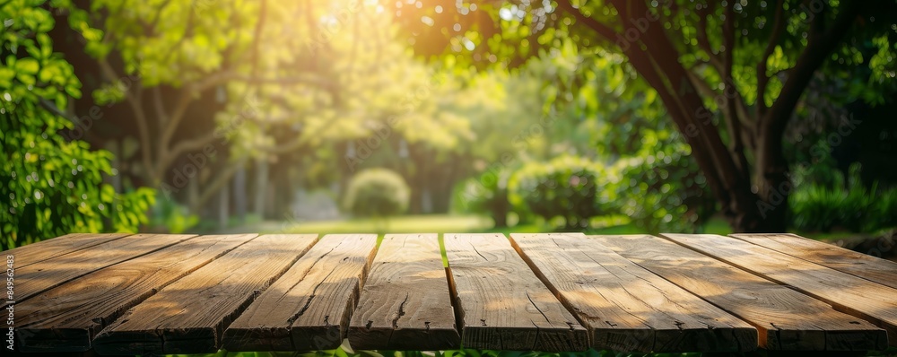 Empty wood table top against blurred lush green vegetation backdrop, suitable for product display or staging. Empty wood table top against blurred lush green vegetation backdrop, suitable for product display or staging.