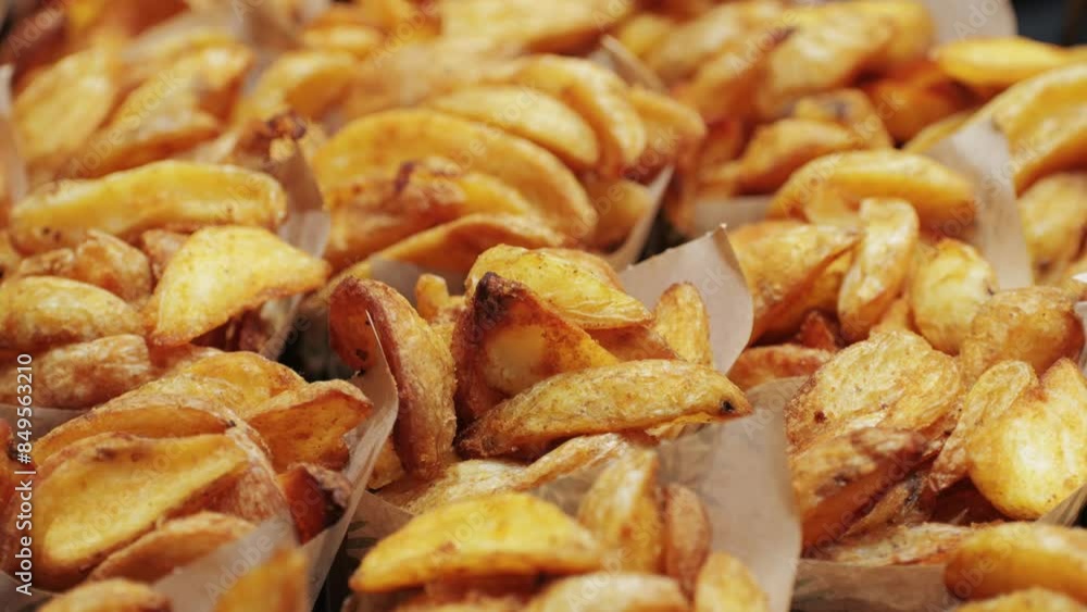 Crispy Potato Wedges arranged in Paper Cones, ready to be served and enjoyed with delight Crispy Potato Wedges arranged in Paper Cones, ready to be served and enjoyed with delight