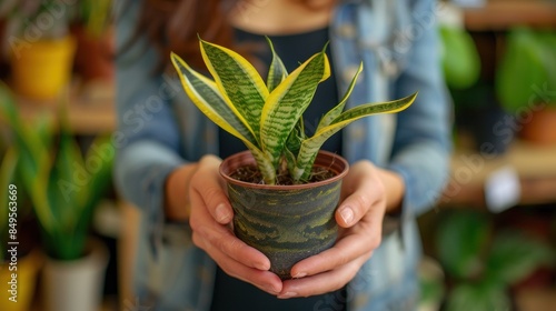 Woman Holding a Snake Plant photo