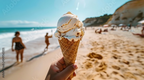 A person holding a cone of ice cream on a beach. The beach is crowded with people enjoying the sun and the water