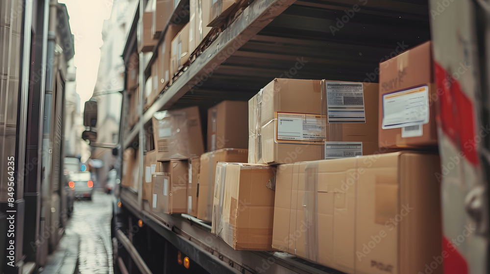 A truck is filled with boxes and is parked in a warehouse A truck is filled with boxes and is parked in a warehouse