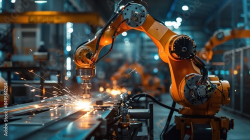 A robot is working in a factory, surrounded by other robots. The scene is industrial and mechanical, with sparks flying from the welding process. The robots are all orange © Alice a.