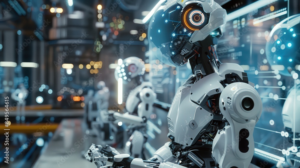 Fototapeta premium A robot is standing in a factory with other robots. The robot is white and has a red face. The factory is filled with robots and has a futuristic feel to it