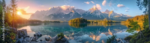 Mesmerizing summer sunrise over Eibsee lake, with the iconic Zugspitze mountain range in the backdrop, capturing the idyllic beauty of the German Alps.