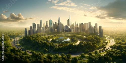 Designing Eco-Friendly Cities with Carbon Neutrality Goals by 2050. Concept Urban Planning, Sustainable Architecture, Renewable Energy, Carbon Offset Initiatives, Green Infrastructure #849564884